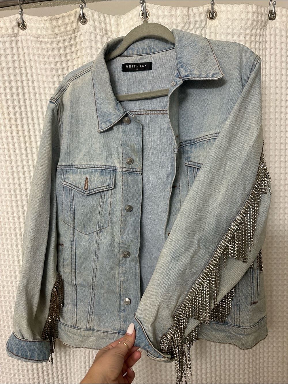 White Fox Boutique Light Blue Denim Jacket with Silver Fringe